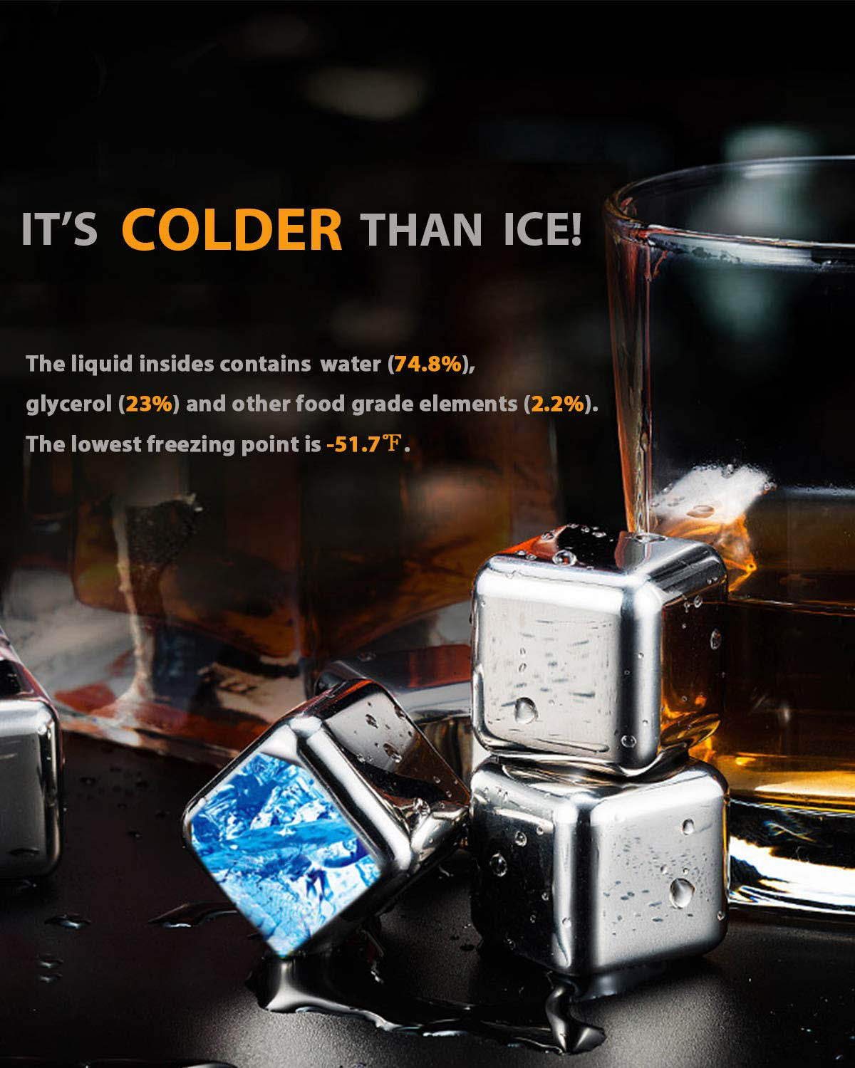Reusable Stainless Steel Liquid-Filled Ice Cubes Chilling Stones - Tongs included Whiskey Stones