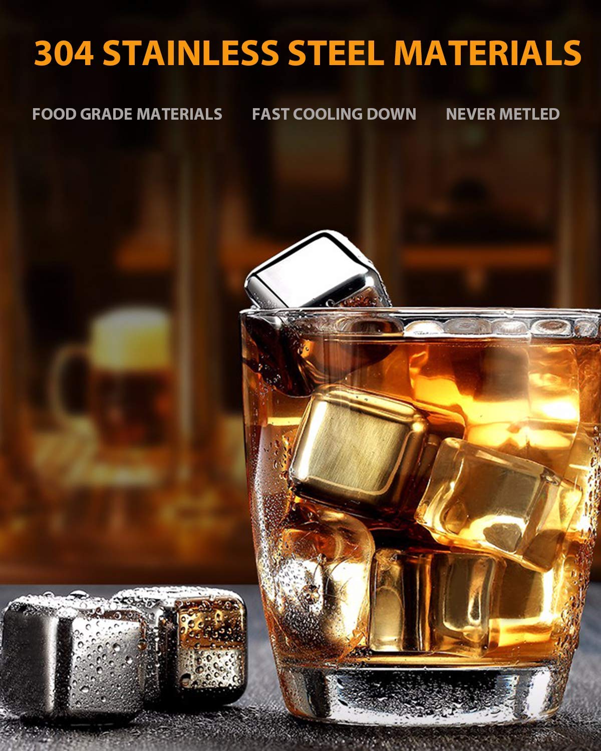 Reusable Stainless Steel Liquid-Filled Ice Cubes Chilling Stones - Tongs included Whiskey Stones